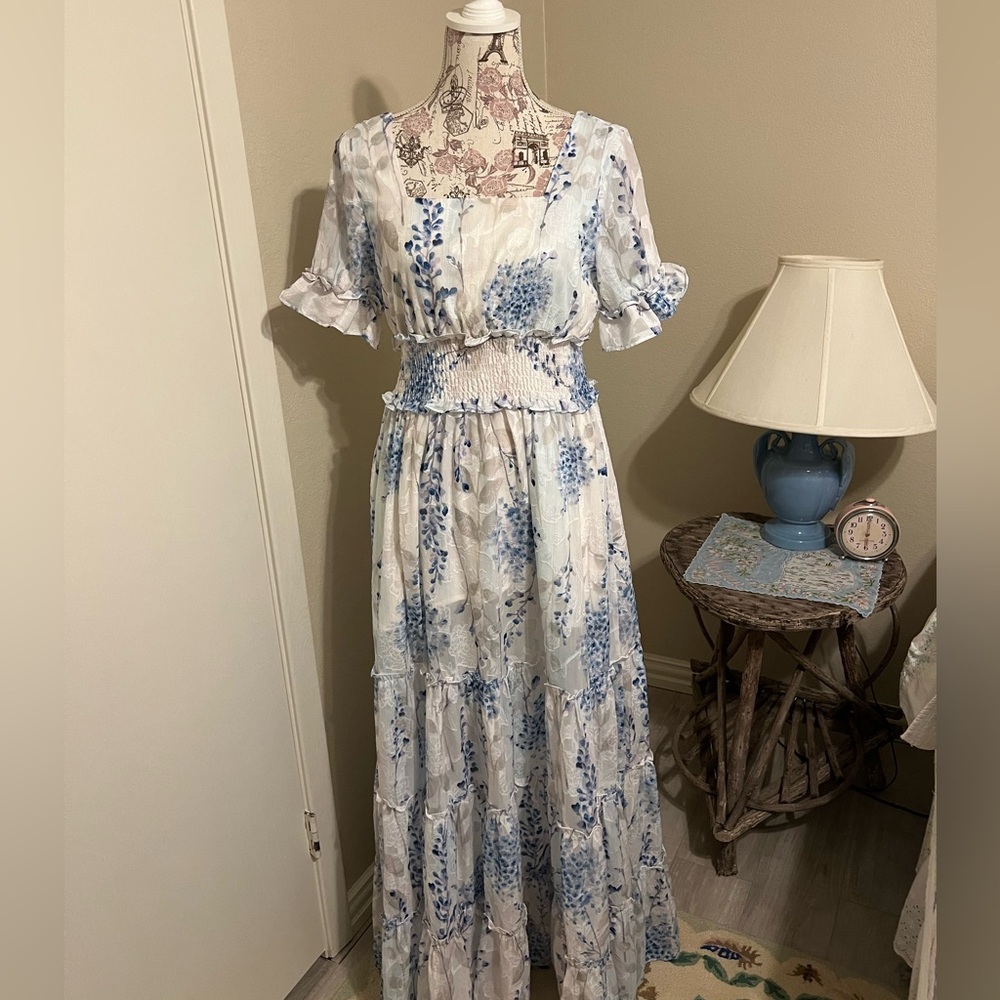 Blue Floral Smocked Waist Maxi Dress - Women